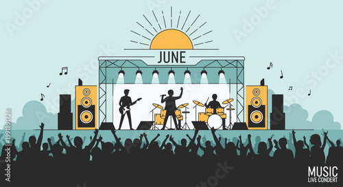 Band performing live music on stage at a concert with an excited crowd.