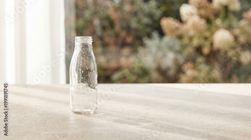 A clear glass bottle sits on a light brown wooden surface with blurred plants and white frames in the background.
