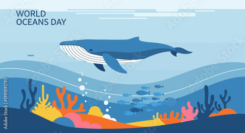 Whale and fish swimming in the ocean, World Oceans Day concept