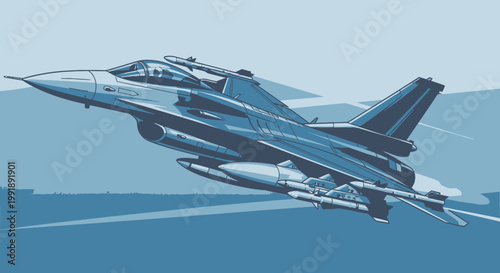 Modern jet fighter in flight against blue sky illustration