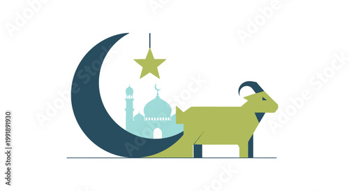 Minimalist Eid al-Adha illustration with goat crescent moon and mosque