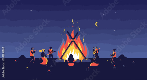 Vector illustration of people playing music around a campfire at night under the stars.