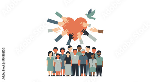 Diverse group of people with hands reaching for a heart symbol of charity and unity