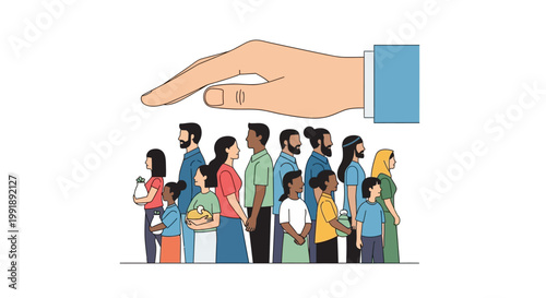 A diverse group of people protected by a large hand, symbolizing unity and support.