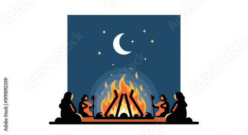 People gather around a campfire under a starry night sky.