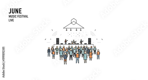 Minimalist illustration of a live music festival with a band on stage and a crowd