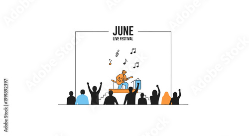 Minimalist line art of a guitarist performing on stage at a live music festival.