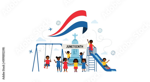 Juneteenth celebration with joyful African American children playing in a park.