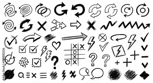 Hand drawn symbols, icons, and signs, black vector graphics, sketch elements, 40 illustrations