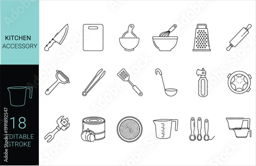 18 Line art collection of vintage kitchen utensils and culinary tools