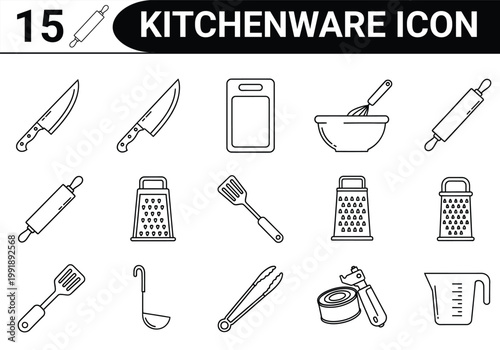 15 Kitchen utensils collection:, knives, graters spoons, and measuring tools