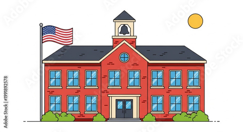Classic Red Brick School Building with American Flag.