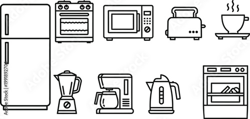 Kitchen appliance layout, top-down schematic of refrigerators, dishwashers, and ovens