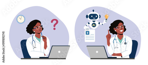 Doctor solving medical problem with artificial intelligence, AI assistant helping with diagnosis, healthcare innovation concept. Flat style cartoon vector illustration.