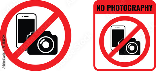 No Photography Prohibition Sign Vector Illustration with Camera and Smartphone Crossed Out in Red Circle and Bold Text