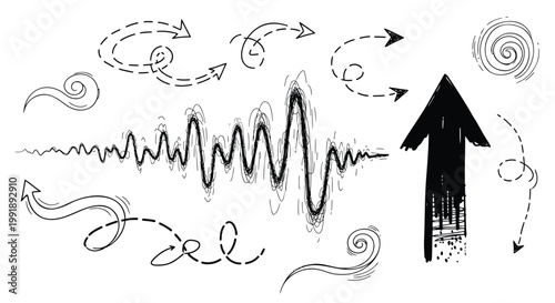 Black and white business growth arrows, swirling lines, and waveform vector graphics