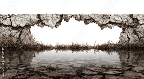 A weathered earthen structure with an opening reflected in water, showcasing texture and barrenness
