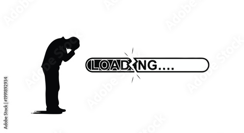 Frustrated man waiting for loading progress bar to complete, feeling anxious or stressed, technology and internet concept