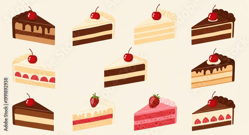 Assortment of Delicious Cake Slices with Cherries and Strawberries.