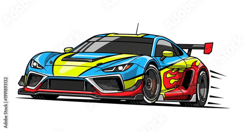 Colorful Sports Car Illustration with Flames and Spoiler.