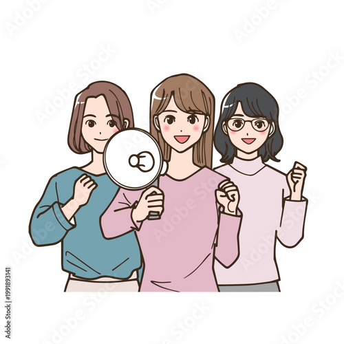 メガホンで声を上げ団結する女性たちのイラスト