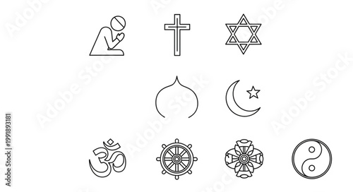 Collection of religious symbols and icons representing different faiths.