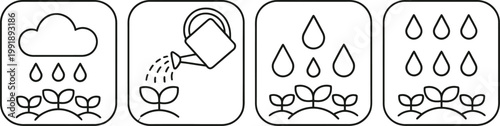 Flat icon set with watering seedlings rain cloud and falling water drops vector illustration for spring design representing plant growth irrigation weather cycle nature care and environmental 