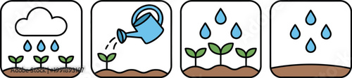Flat icon set with watering seedlings rain cloud and falling water drops vector illustration for spring design representing plant growth irrigation weather cycle nature care and environmental 