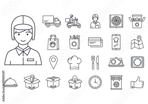 Delivery service and food packaging icons set with black and white outlines