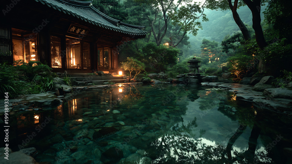 Obraz premium Tranquil Japanese garden with a serene pond and traditional architecture illuminated by soft lanterns at dusk.