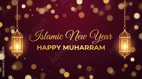 Happy Muharram greeting background with ornate golden lanterns and elegant calligraphy in rich maroon tones