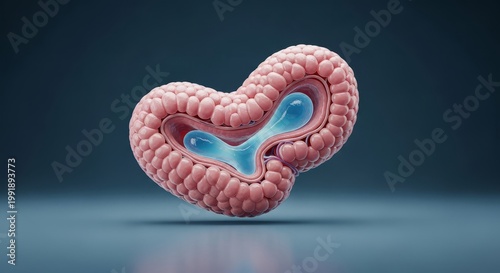 Salivary gland 3D microscopic render, acinar lobular structure visualization, exocrine secretion system anatomy, ductal saliva transport network, glandular physiology concept, histology study