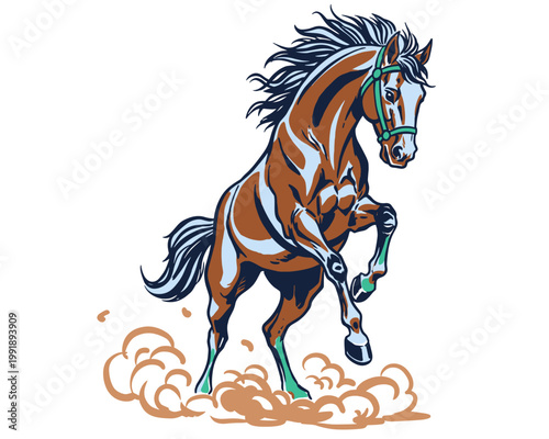 Retro style cowboy country horse design. Western vintage artwork. Horse rearing in dust. Rodeo graphic print for t shirt. Wild west stallion.