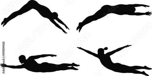 Four black silhouettes of swimmers in motion swimming