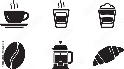 Assorted coffee and breakfast icons featuring various beverages and pastries silhouette vector icon