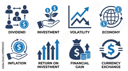 Blue investment icon set featuring stock market growth venture capital portfolio management risk assessment asset handling and mutual fund distribution for financial business and banking.