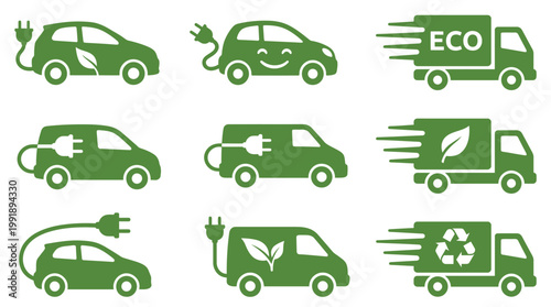 Green electric vehicle and eco-friendly delivery truck icons set featuring plug-in cars leaf symbols and recycling signs for sustainable transportation and logistics.