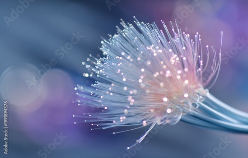 Macro shot displaying illuminated strands of fiber optic cable with soft, bokeh background