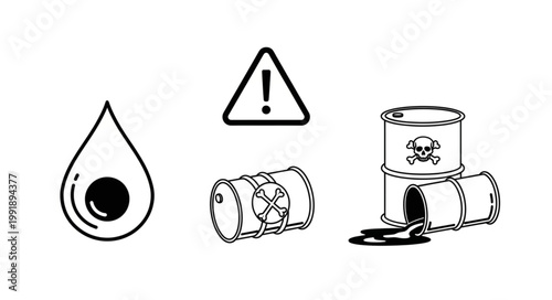 Hazardous Waste Barrels and Warning Symbols.