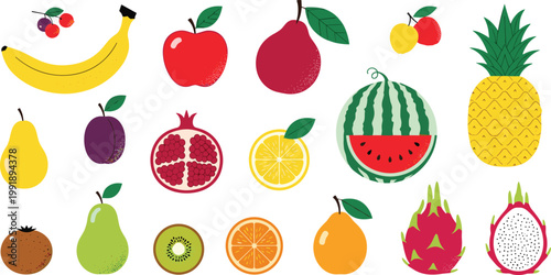 Tropical and Fresh Fruit Collection with Banana, Apple, Watermelon, Pineapple and Exotic Fruits for Healthy Nutrition and Colorful Vector Illustration.