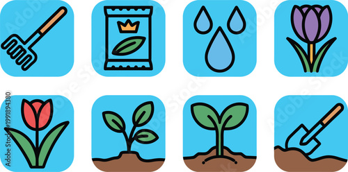 Flat vector spring garden icon set with tools flowers and sprouts illustrations for spring design representing gardening growth planting seasonal renewal outdoor care and nature themed 
