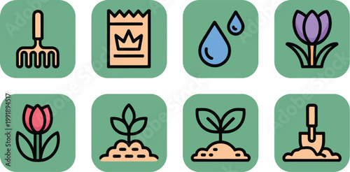 Flat vector spring garden icon set with tools flowers and sprouts illustrations for spring design representing gardening growth planting seasonal renewal outdoor care and nature themed 