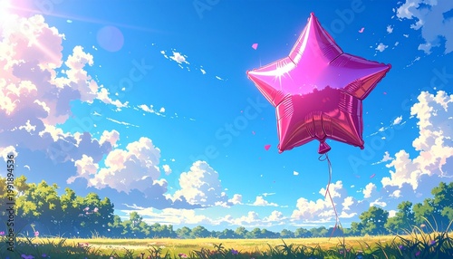 A shiny pink star balloon floats above green grass under a bright blue sky, sunlight reflecting off its metallic surface, blending whimsical celebration with serene natural beauty in vivid contrast.