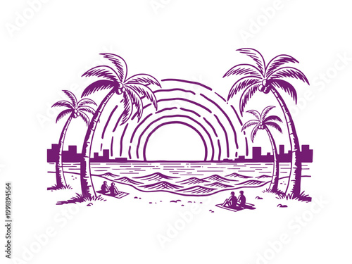 Summer beach vibes artwork for tshirt. Tropical sunset sketch. Palm tree design. Paradise beach resort. Vintage coastal travel poster and graphic.