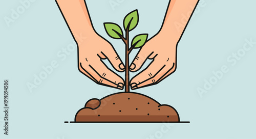 Illustration of hands planting a young green sprout in soil for environmental concept.