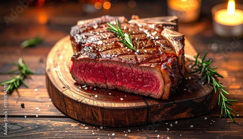 A juicy grilled T‑bone steak with charred grill marks rests on a wooden board, pink center glowing, rosemary sprig atop, coarse salt scattered, candlelit background evoking warmth and appetite.