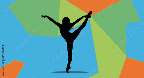 Silhouette of a rhythmic gymnast performing a standing split on a colorful background.