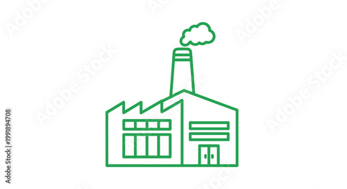 Green factory building with smoke coming out of chimney