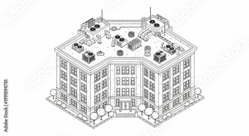 Isometric line art drawing of a modern V-shaped building with rooftop HVAC units.