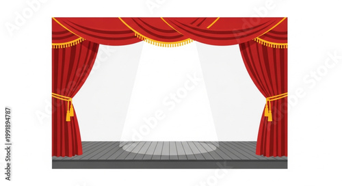 Empty Theater Stage with Red Curtains and Spotlight.